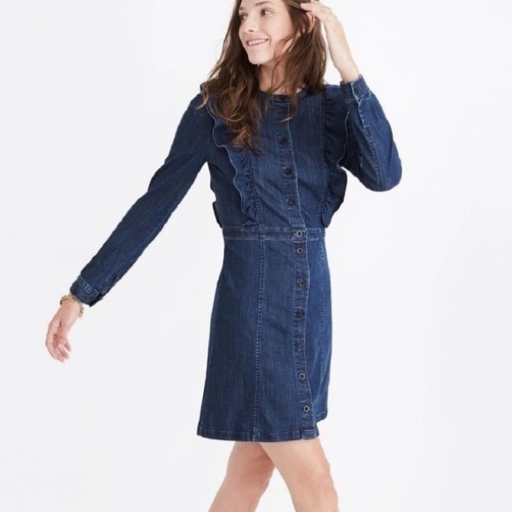 Madewell | Denim Ruffle Button Front Mini Dress Size 0